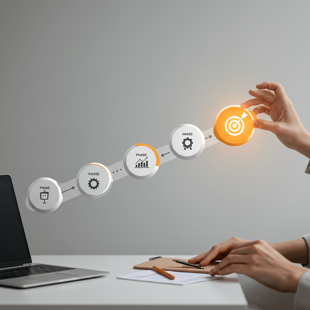 An abstract, minimalist digital blueprint graphic illustrating a five-phase process.